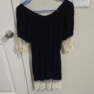 Elegant Black Top with Cream Lace Trim